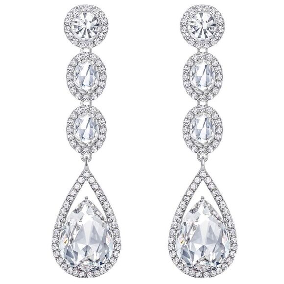 Silver with White Diamond Crystal Teardrop Halo Chandelier Post Back Earrings - Picture 1 of 5